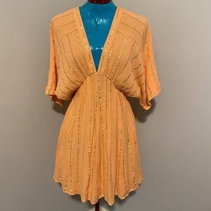 En Creme V-Neck Boho Three Quarter Bat Sleeve Tunic/Dress Size M